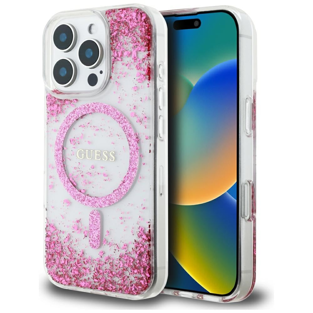 Puzdro MagSafe pre Apple iPhone 16 Pro, Guess, Resin Bottom Glitter, Ružové