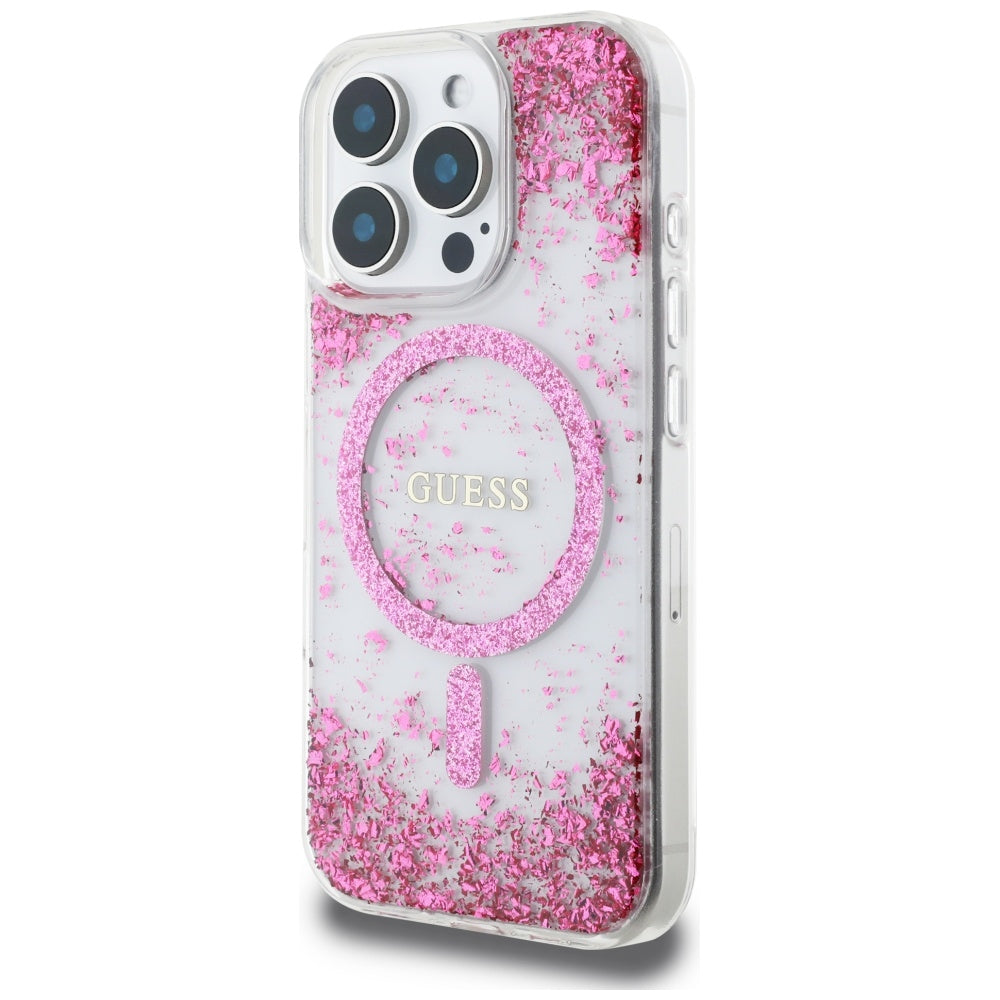 Puzdro MagSafe pre Apple iPhone 16 Pro, Guess, Resin Bottom Glitter, Ružové