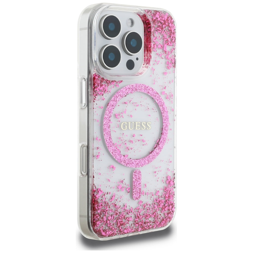 Puzdro MagSafe pre Apple iPhone 16 Pro, Guess, Resin Bottom Glitter, Ružové