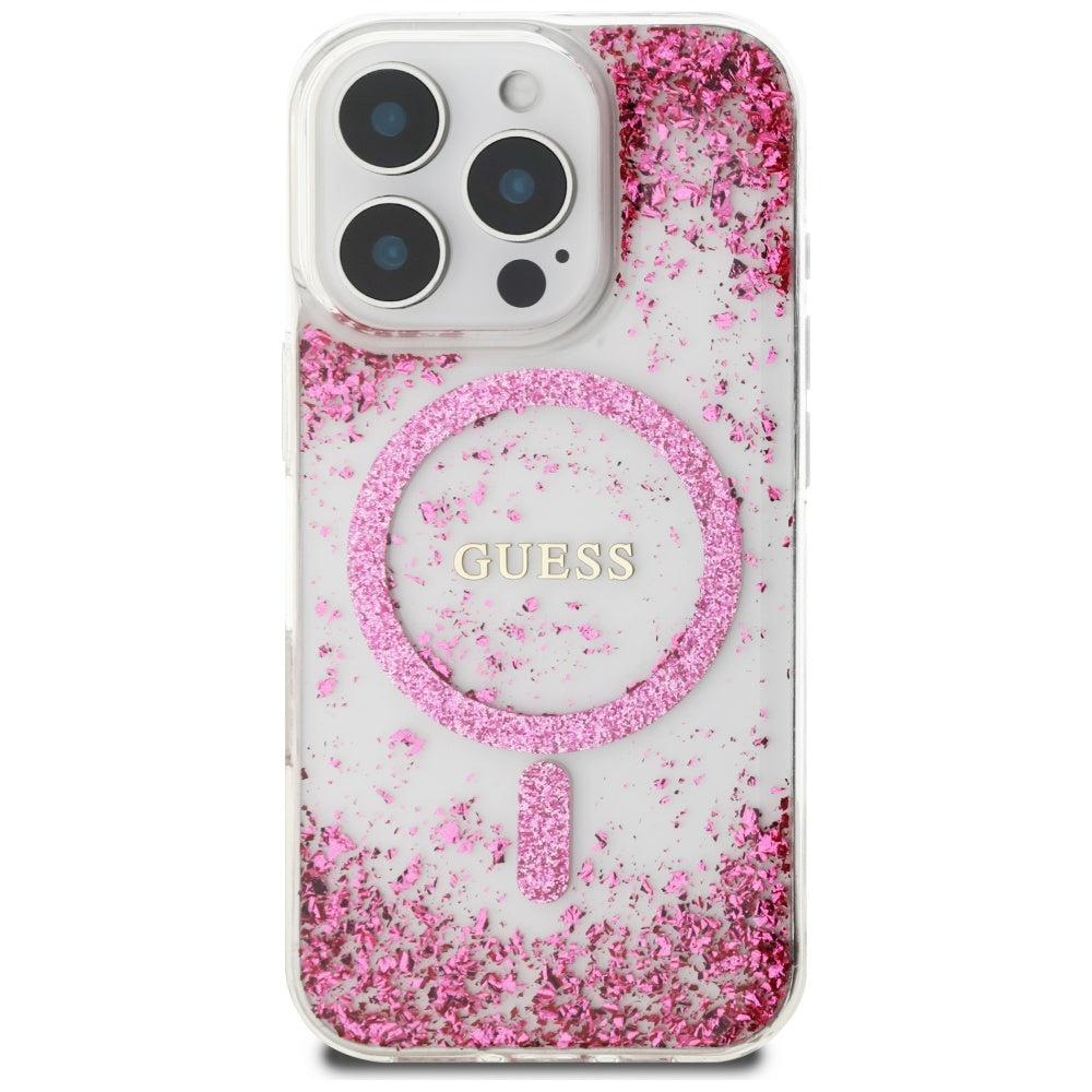 Puzdro MagSafe pre Apple iPhone 16 Pro, Guess, Resin Bottom Glitter, Ružové