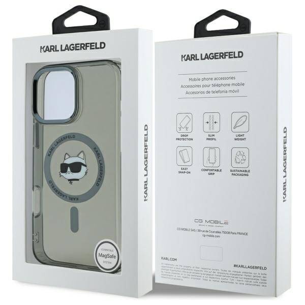 Puzdro MagSafe pre Apple iPhone 16 Pro, Karl Lagerfeld, IML Metal Choupette's Head, Čierne