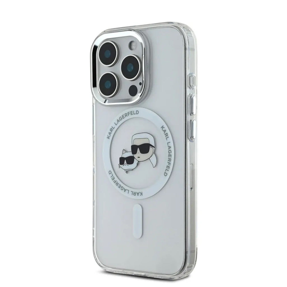 Puzdro MagSafe pre Apple iPhone 16 Pro, Karl Lagerfeld, IML Metal Karl & Choupette's Heads, Biela