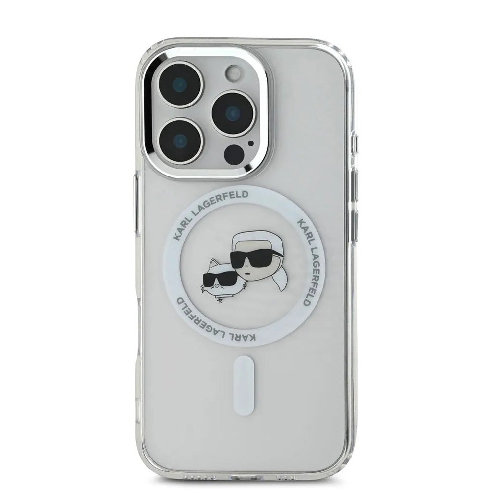 Puzdro MagSafe pre Apple iPhone 16 Pro, Karl Lagerfeld, IML Metal Karl & Choupette's Heads, Biela