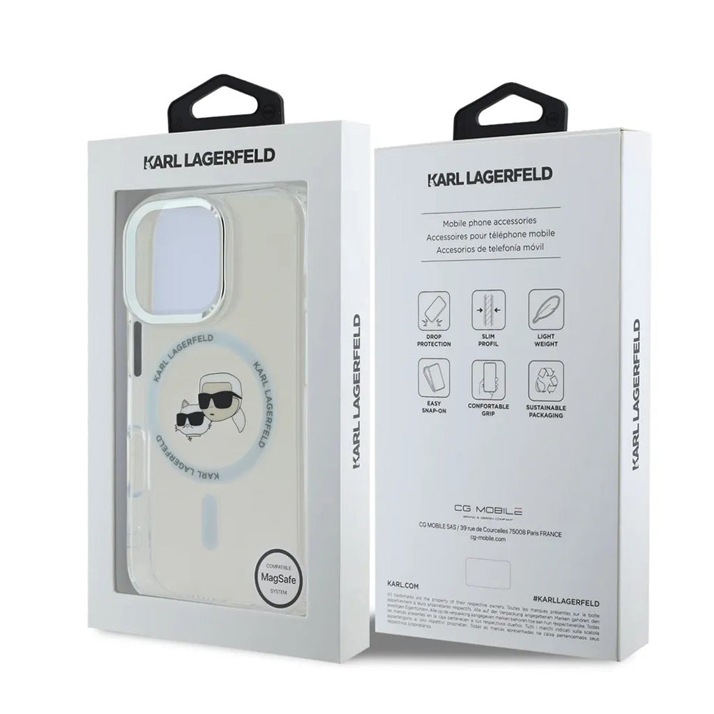Puzdro MagSafe pre Apple iPhone 16 Pro, Karl Lagerfeld, IML Metal Karl & Choupette's Heads, Biela
