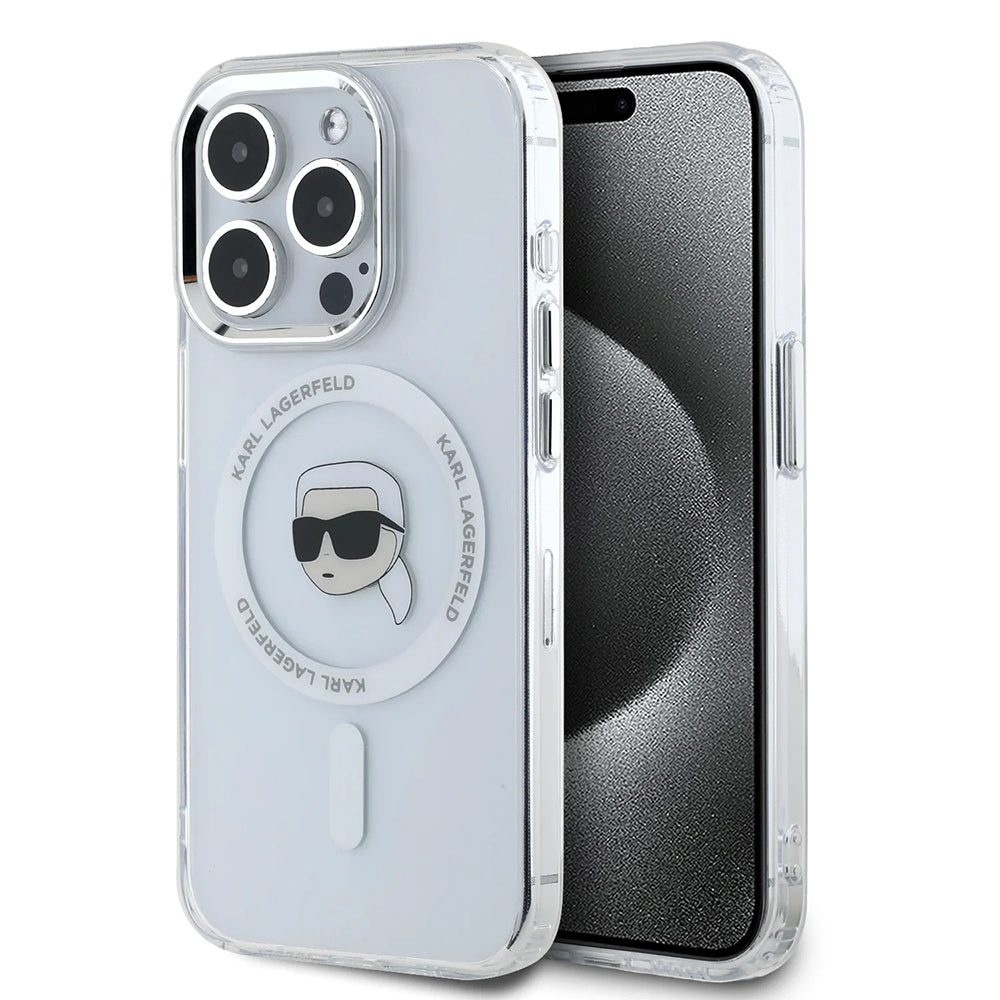 Puzdro MagSafe pre Apple iPhone 16 Pro, Karl Lagerfeld, IML Metal Karl's Head, Biela