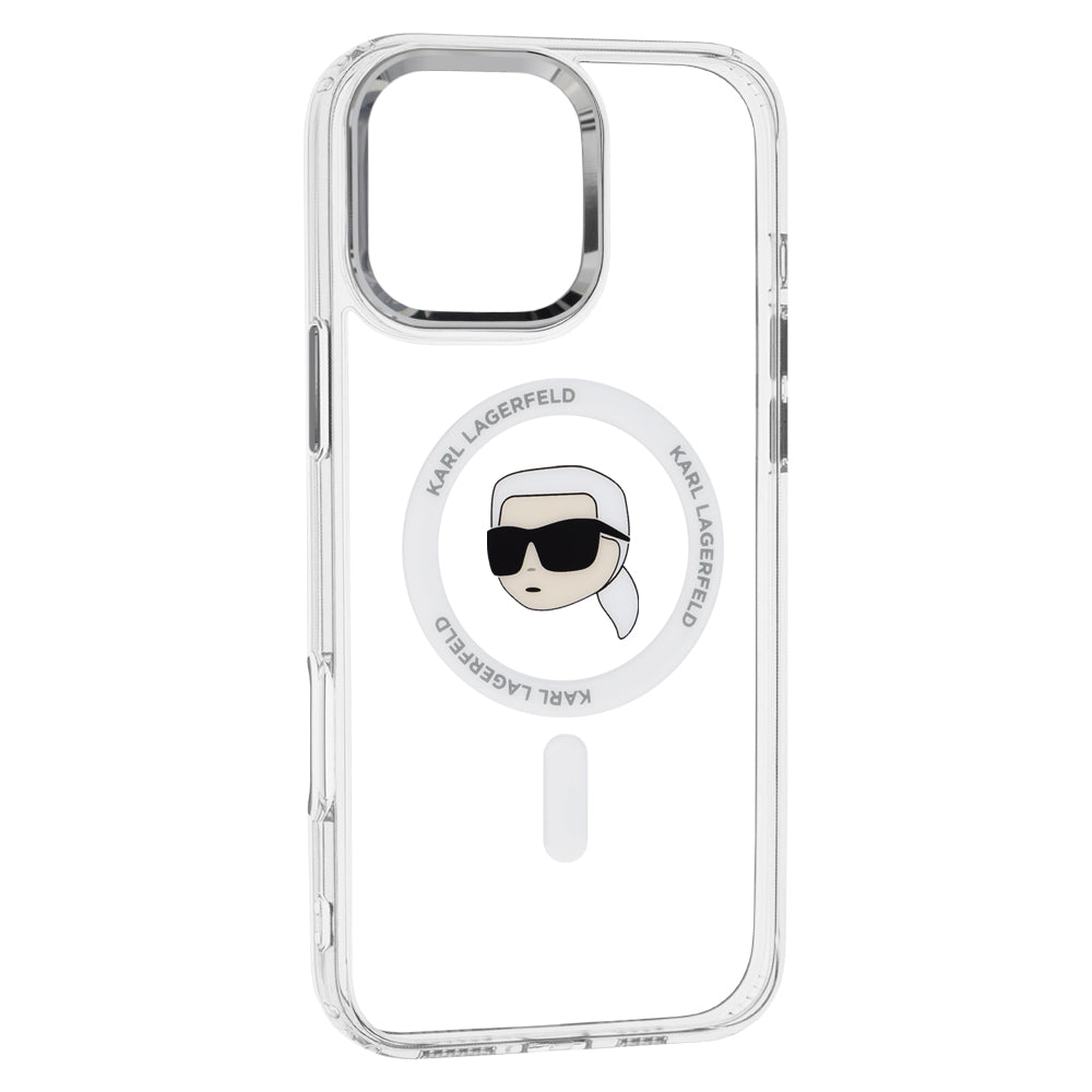 Puzdro MagSafe pre Apple iPhone 16 Pro, Karl Lagerfeld, IML Metal Karl's Head, Biela