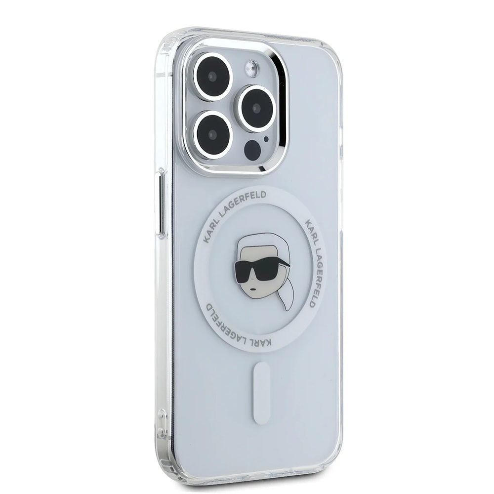 Puzdro MagSafe pre Apple iPhone 16 Pro, Karl Lagerfeld, IML Metal Karl's Head, Biela