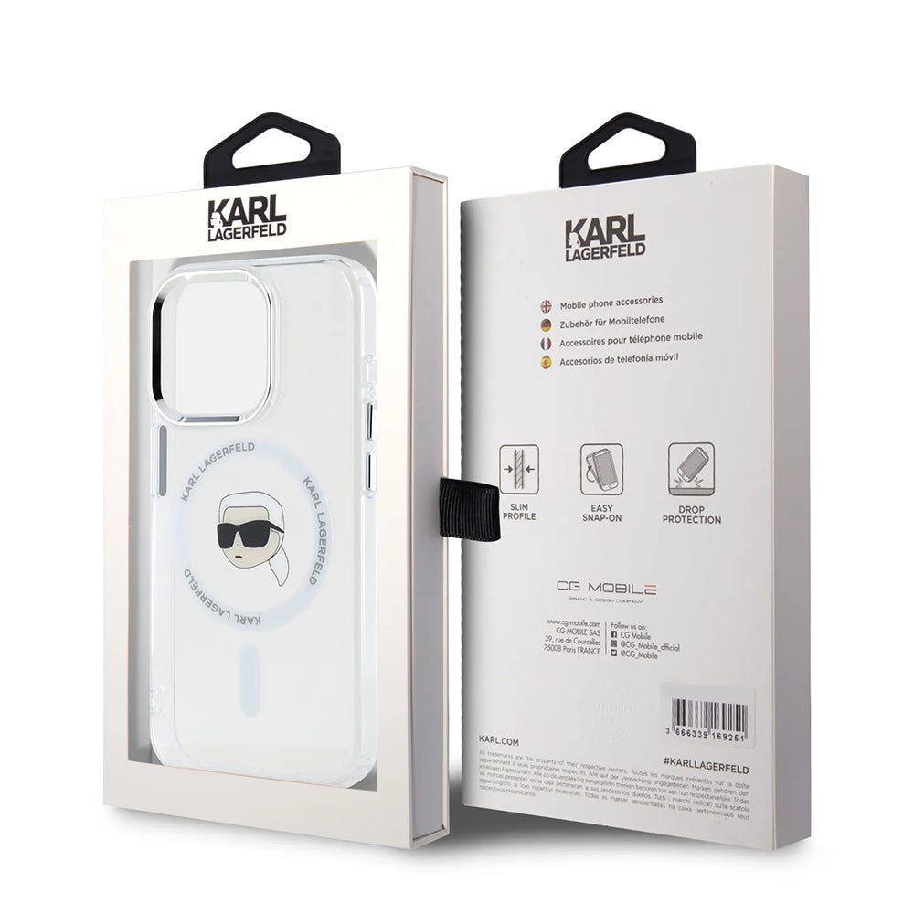 Puzdro MagSafe pre Apple iPhone 16 Pro, Karl Lagerfeld, IML Metal Karl's Head, Biela