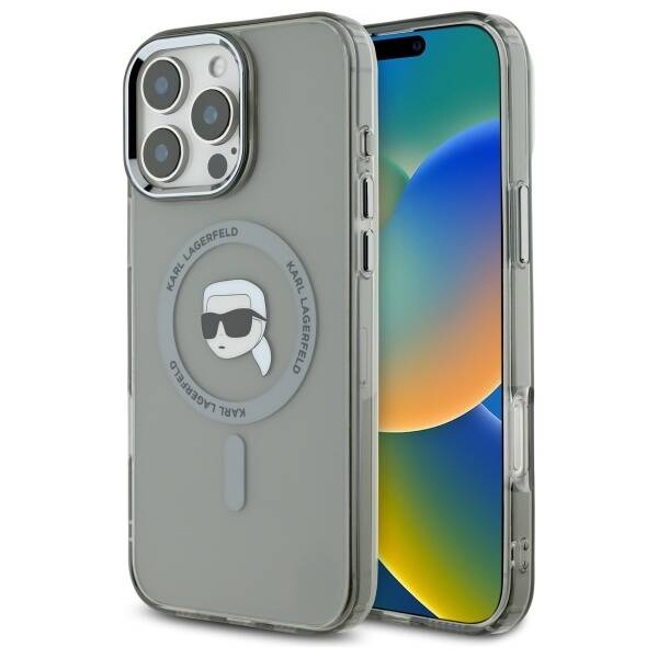 MagSafe Case for Apple iPhone 16 Pro, Karl Lagerfeld, IML Metal Karl's Head, Black