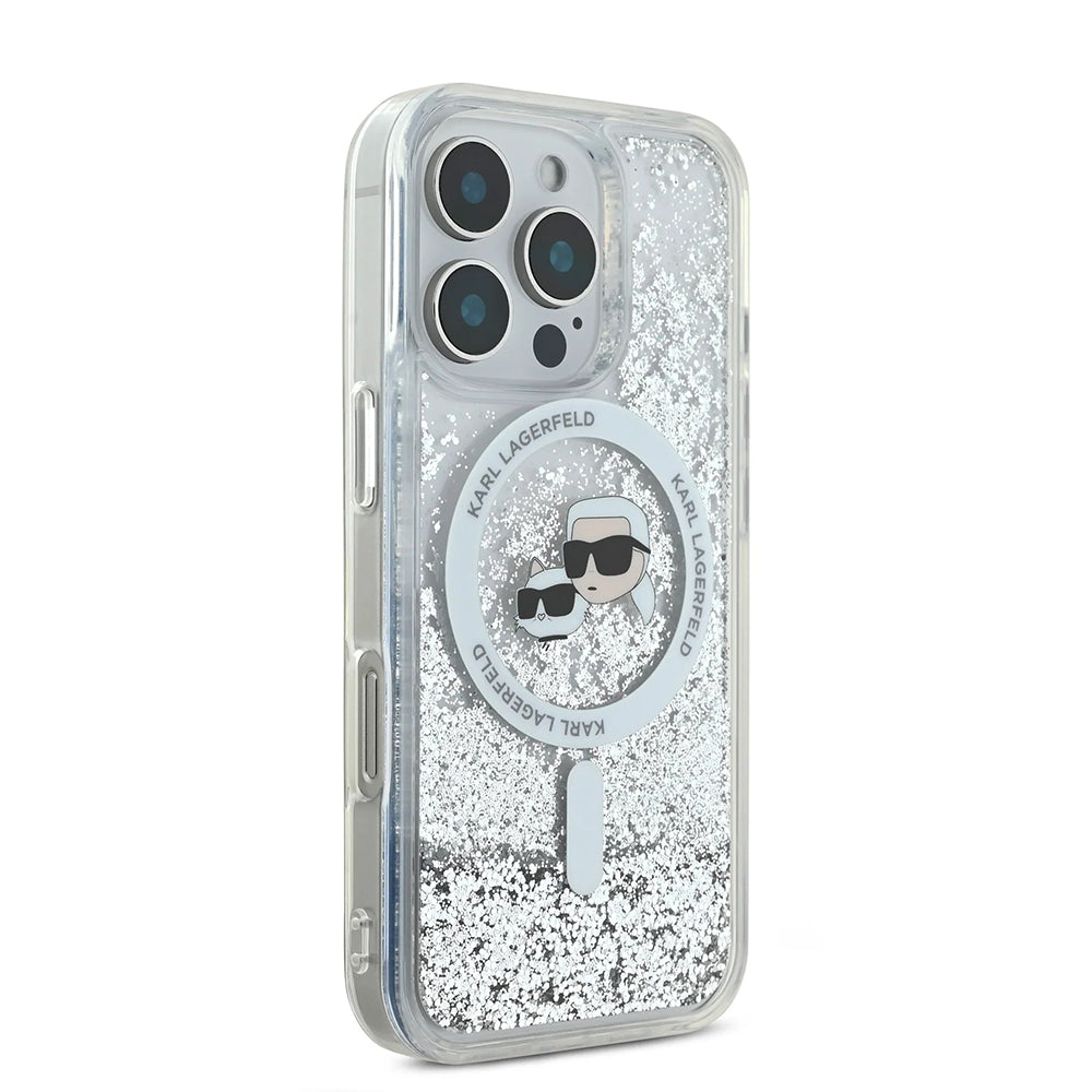 Puzdro MagSafe pre Apple iPhone 16 Pro, Karl Lagerfeld, Liquid Glitter Karl & Choupette's Heads, Transparentné
