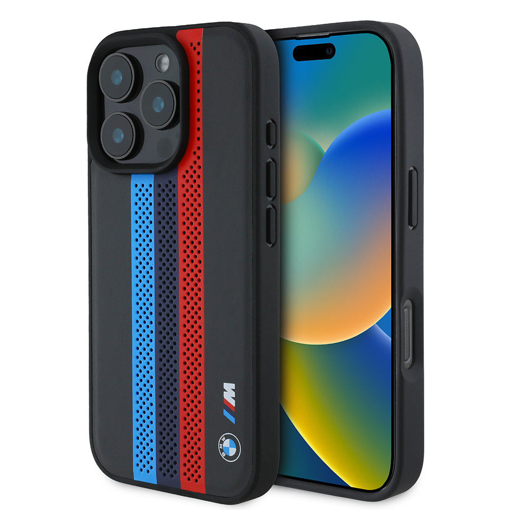 Puzdro MagSafe pre Apple iPhone 16 Pro Max, BMW, Perforated M Perf. Tricolor Stripers, Čierne