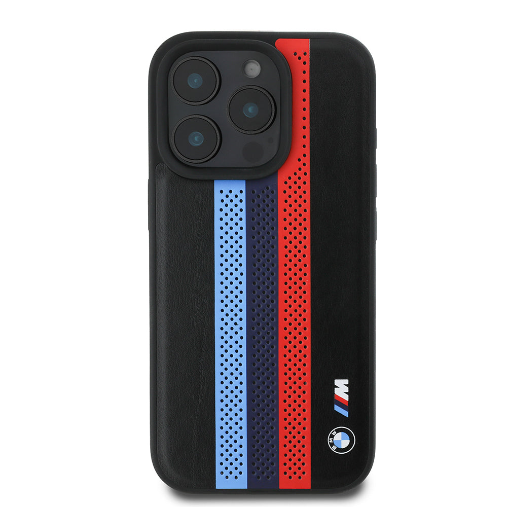 Puzdro MagSafe pre Apple iPhone 16 Pro Max, BMW, Perforated M Perf. Tricolor Stripers, Čierne