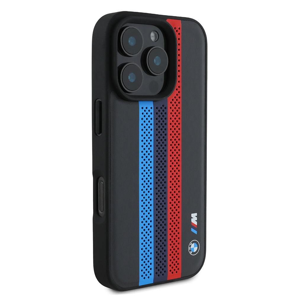 Puzdro MagSafe pre Apple iPhone 16 Pro Max, BMW, Perforated M Perf. Tricolor Stripers, Čierne