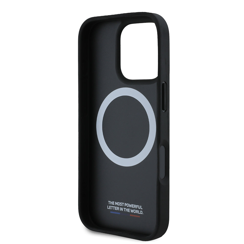 Puzdro MagSafe pre Apple iPhone 16 Pro Max, BMW, Perforated M Perf. Tricolor Stripers, Čierne
