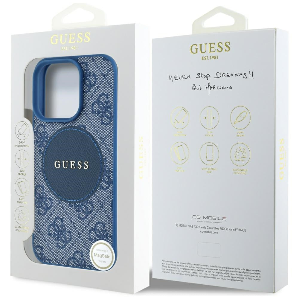 Puzdro MagSafe pre Apple iPhone 16 Pro Max, Guess, 4G Circle Classic Logo, Modrá