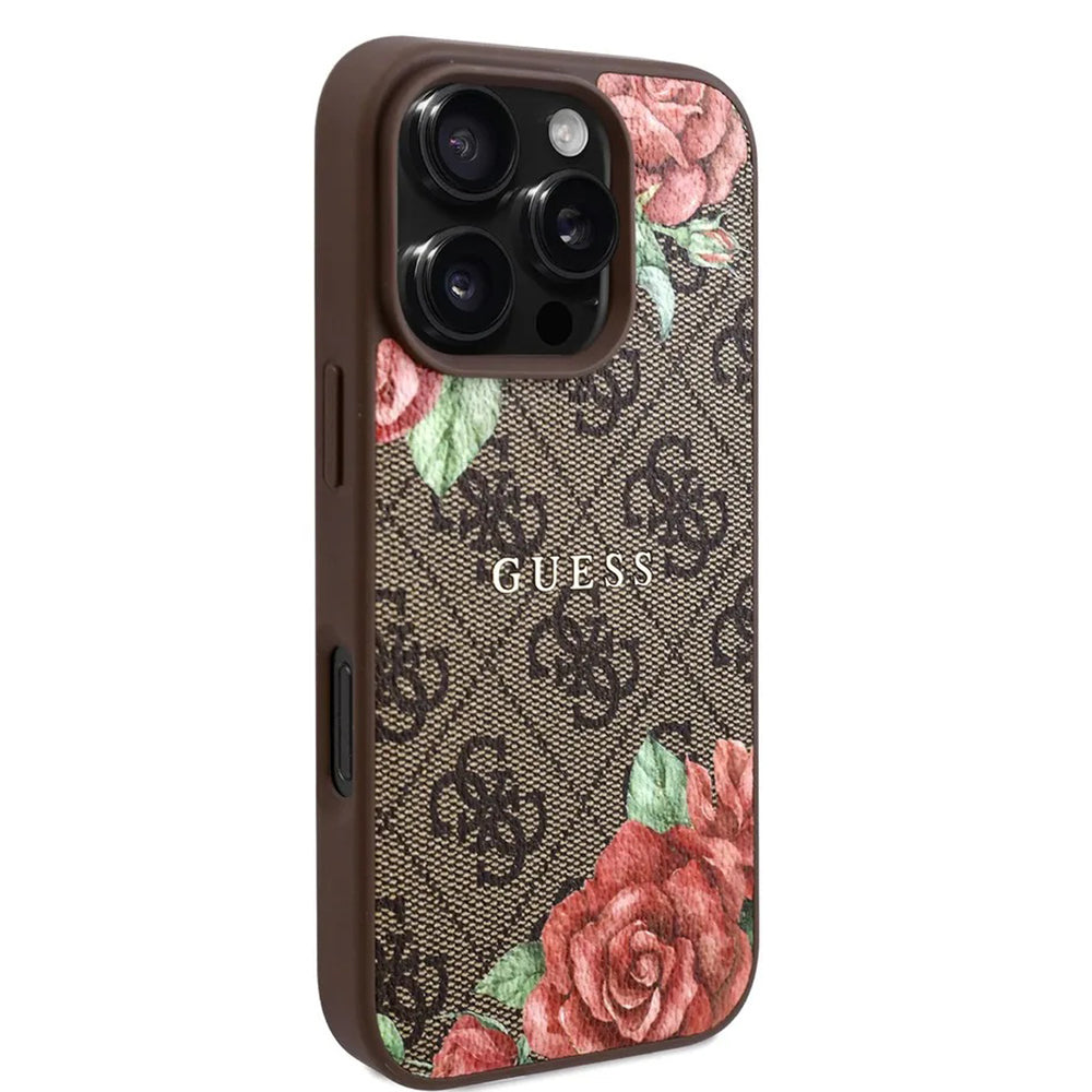 Puzdro MagSafe pre Apple iPhone 16 Pro Max, Guess, 4G Flowers Print, Hnedá