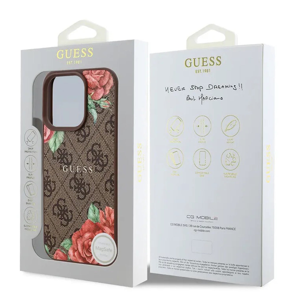 Puzdro MagSafe pre Apple iPhone 16 Pro Max, Guess, 4G Flowers Print, Hnedá