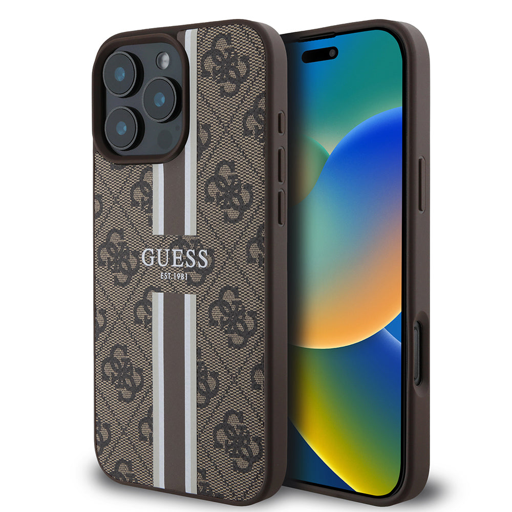 Puzdro MagSafe pre Apple iPhone 16 Pro Max, Guess, 4G Printed Stripes, Hnedá