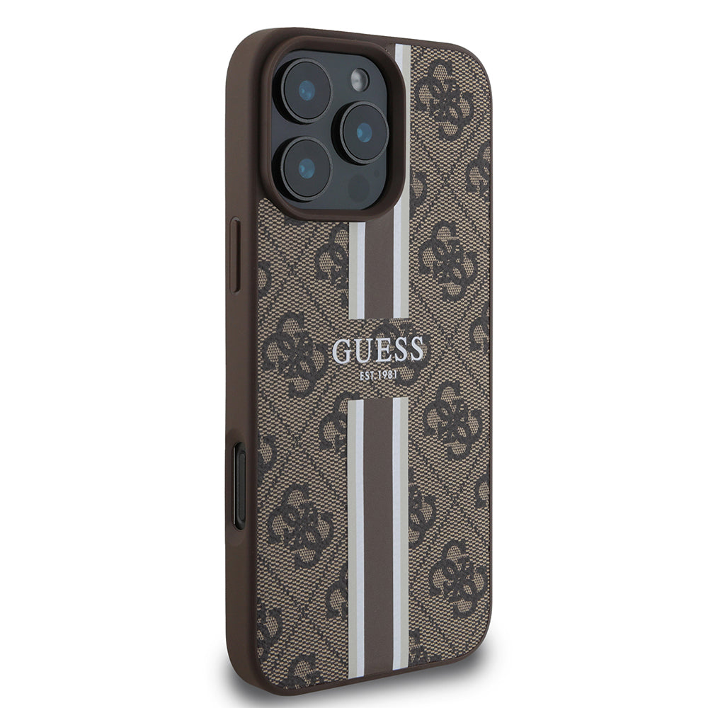 Puzdro MagSafe pre Apple iPhone 16 Pro Max, Guess, 4G Printed Stripes, Hnedá