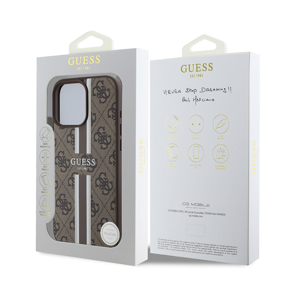 Puzdro MagSafe pre Apple iPhone 16 Pro Max, Guess, 4G Printed Stripes, Hnedá