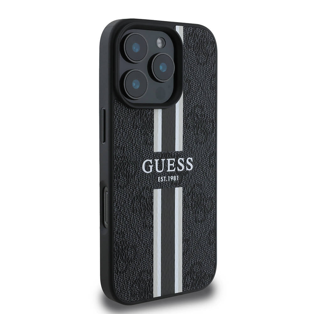 Puzdro MagSafe pre Apple iPhone 16 Pro Max, Guess, 4G Printed Stripes, Čierne