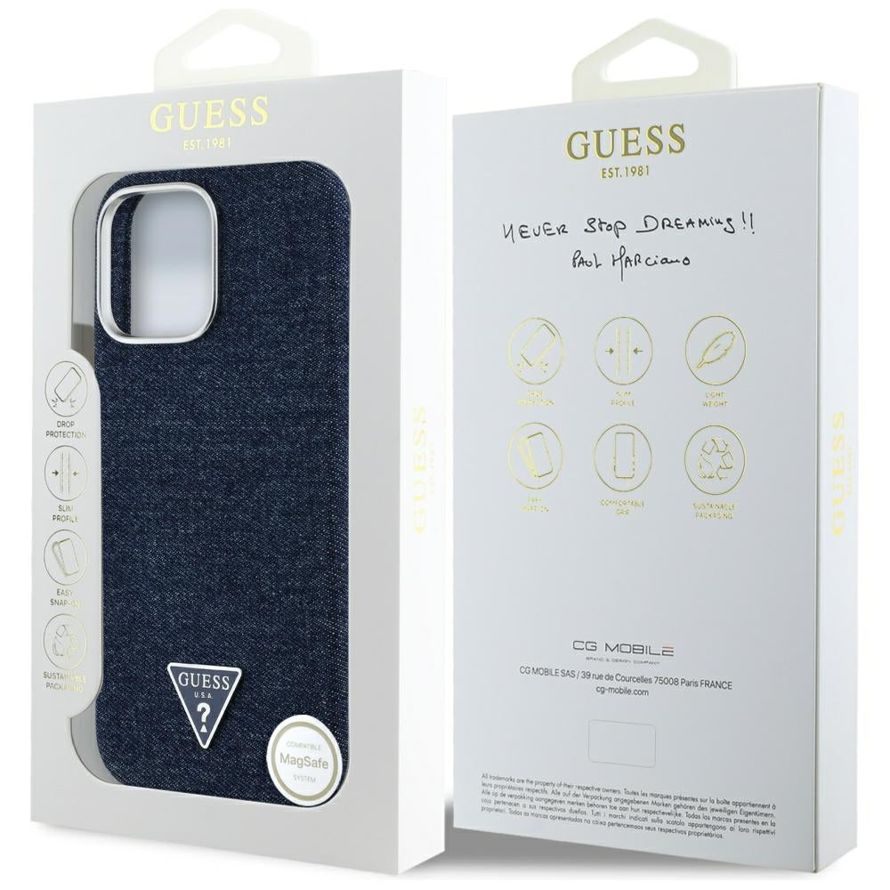Puzdro MagSafe pre Apple iPhone 16 Pro Max, Guess, Denim Triangle Logo, Modrá