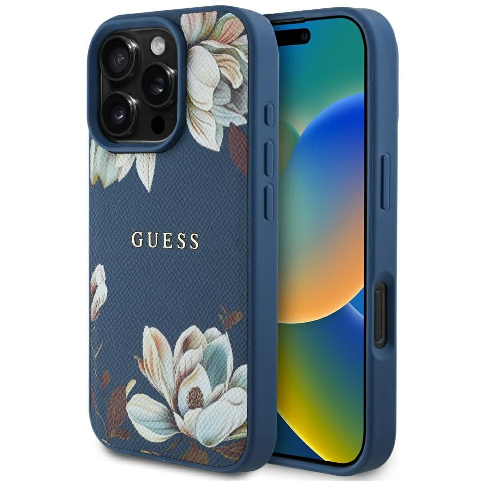Puzdro MagSafe pre Apple iPhone 16 Pro Max, Guess, Grained Flowers, Modrá