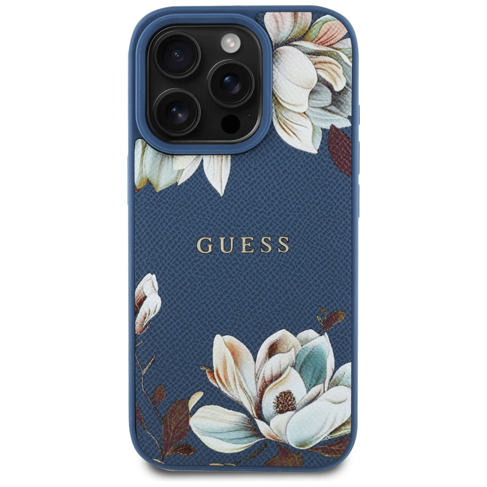 Puzdro MagSafe pre Apple iPhone 16 Pro Max, Guess, Grained Flowers, Modrá