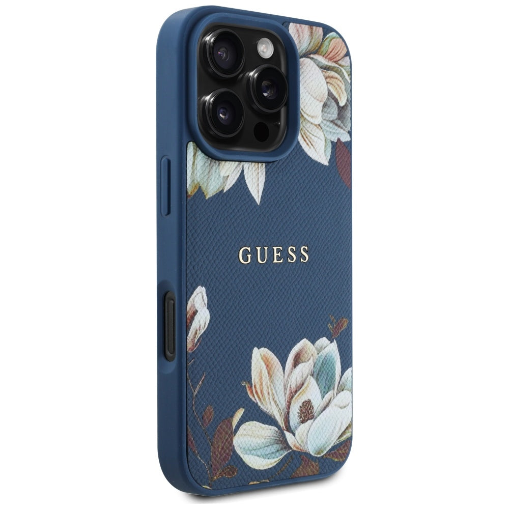 Puzdro MagSafe pre Apple iPhone 16 Pro Max, Guess, Grained Flowers, Modrá