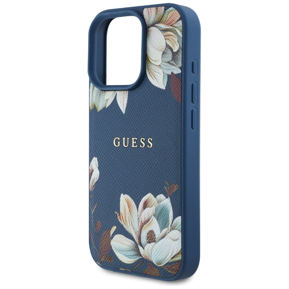 Puzdro MagSafe pre Apple iPhone 16 Pro Max, Guess, Grained Flowers, Modrá
