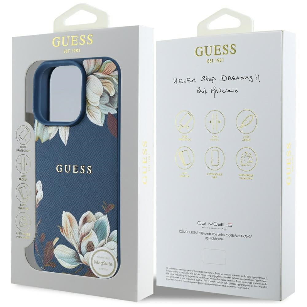 Puzdro MagSafe pre Apple iPhone 16 Pro Max, Guess, Grained Flowers, Modrá