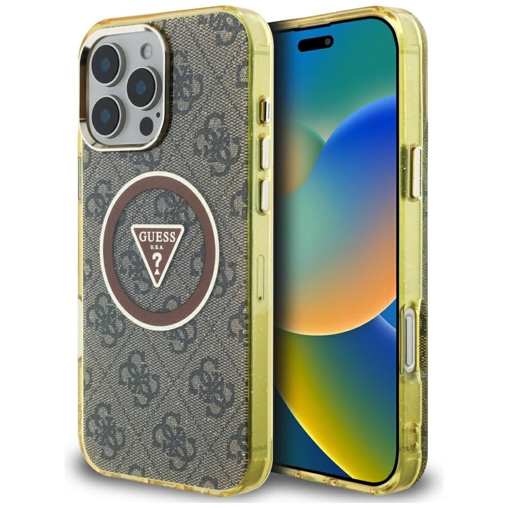 Puzdro MagSafe pre Apple iPhone 16 Pro Max, Guess, IML Glitter 4G Circle Triangle, Hnedá