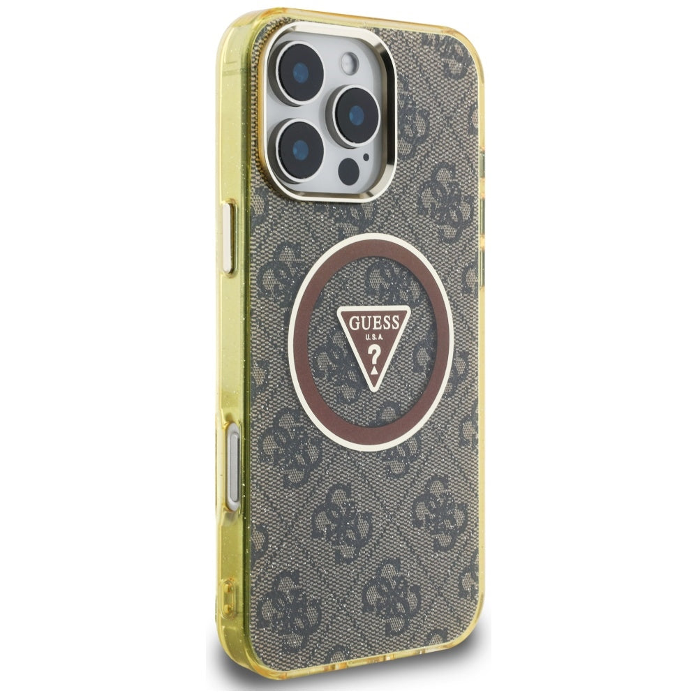 Puzdro MagSafe pre Apple iPhone 16 Pro Max, Guess, IML Glitter 4G Circle Triangle, Hnedá