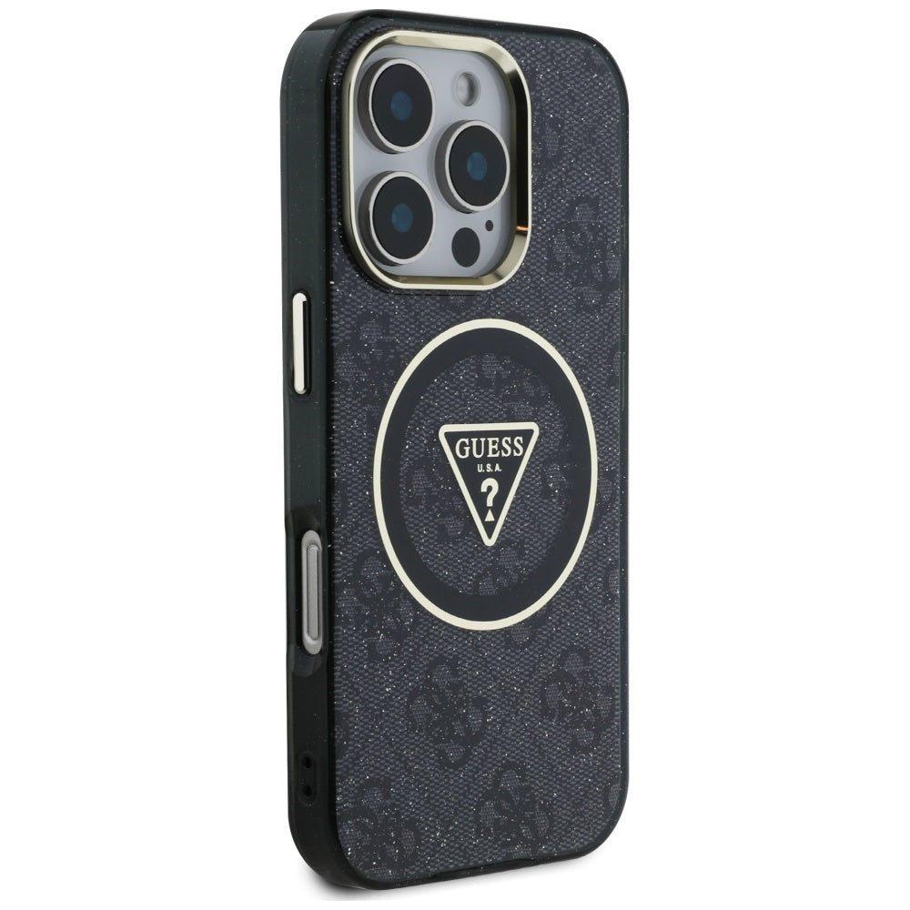 Puzdro MagSafe pre Apple iPhone 16 Pro Max, Guess, IML Glitter 4G Circle Triangle, Čierne