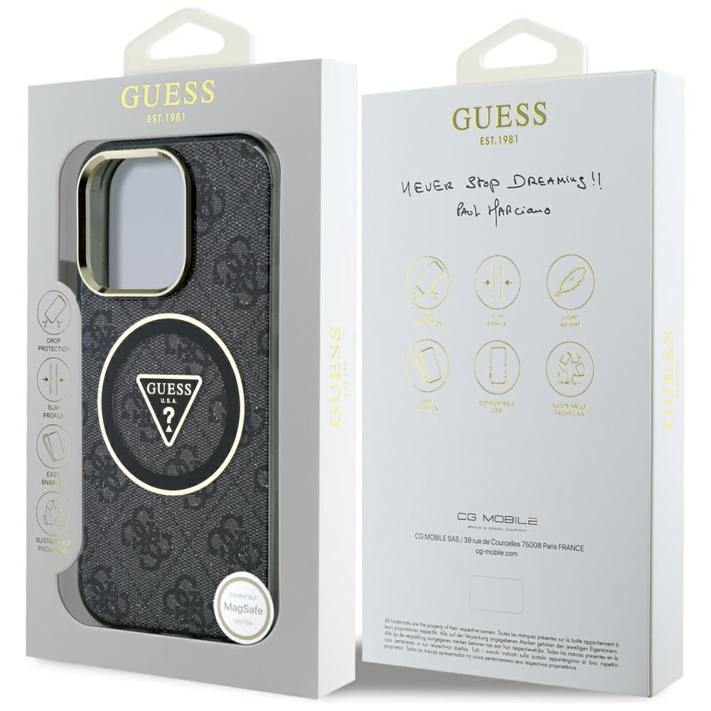 Puzdro MagSafe pre Apple iPhone 16 Pro Max, Guess, IML Glitter 4G Circle Triangle, Čierne