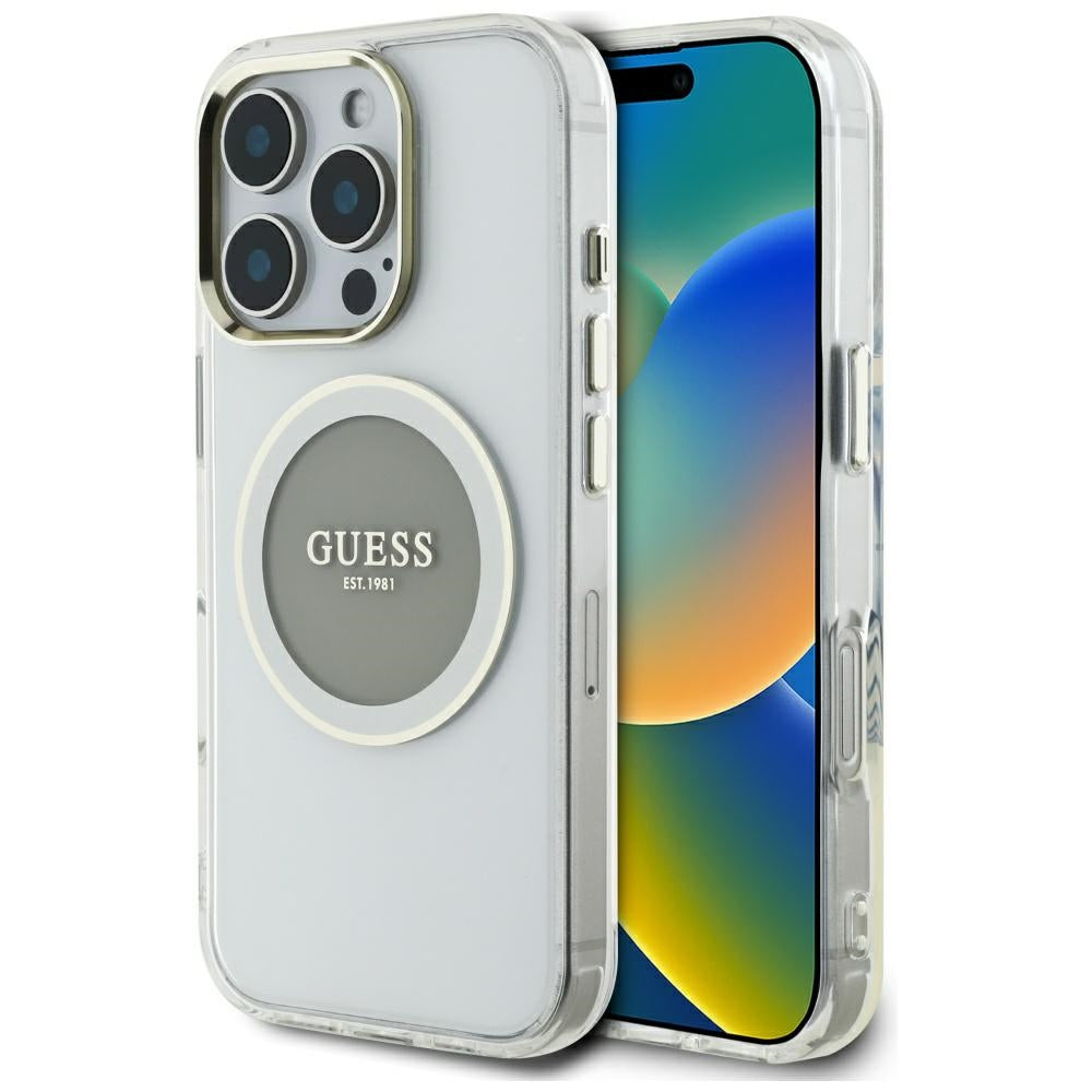 Puzdro MagSafe pre Apple iPhone 16 Pro Max, Guess, IML Metal Colored Circle, Sivá
