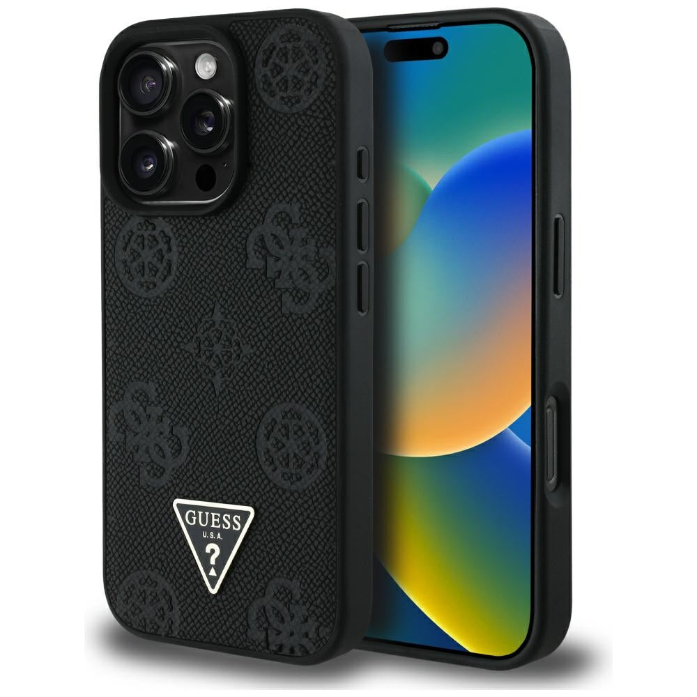 Puzdro MagSafe pre Apple iPhone 16 Pro Max, Guess, Peony Grained Hot Stamp Triangle, Čierne