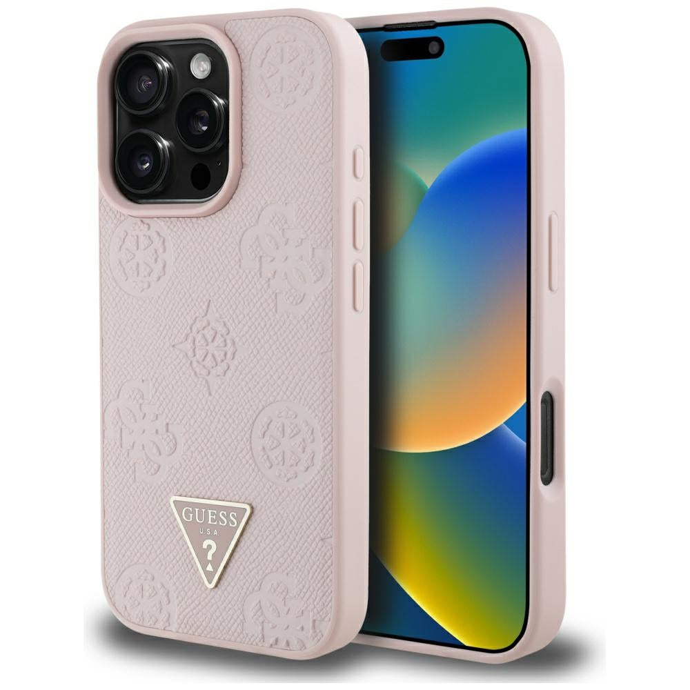 Puzdro MagSafe pre Apple iPhone 16 Pro Max, Guess, Peony Grained Hot Stamp Triangle, Ružové