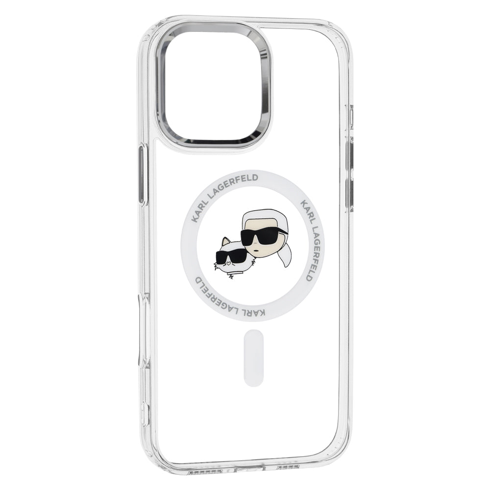 Puzdro MagSafe pre Apple iPhone 16 Pro Max, Karl Lagerfeld, IML Metal Karl & Choupette's Heads, Biela