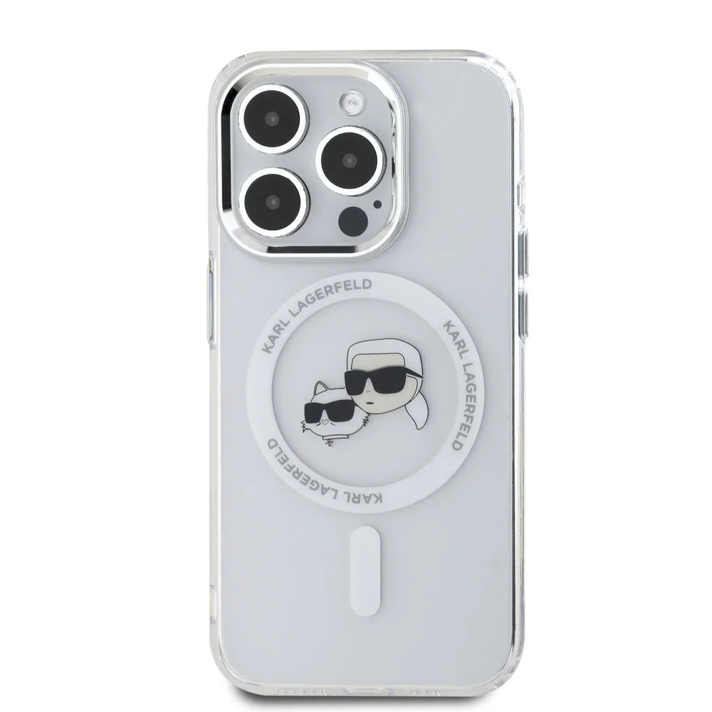 Puzdro MagSafe pre Apple iPhone 16 Pro Max, Karl Lagerfeld, IML Metal Karl & Choupette's Heads, Biela