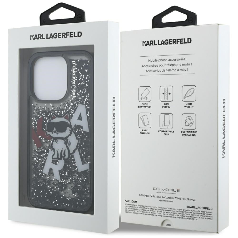 Puzdro MagSafe pre Apple iPhone 16 Pro Max, Karl Lagerfeld, Liquid Glitter Choupette Logo, Čierne