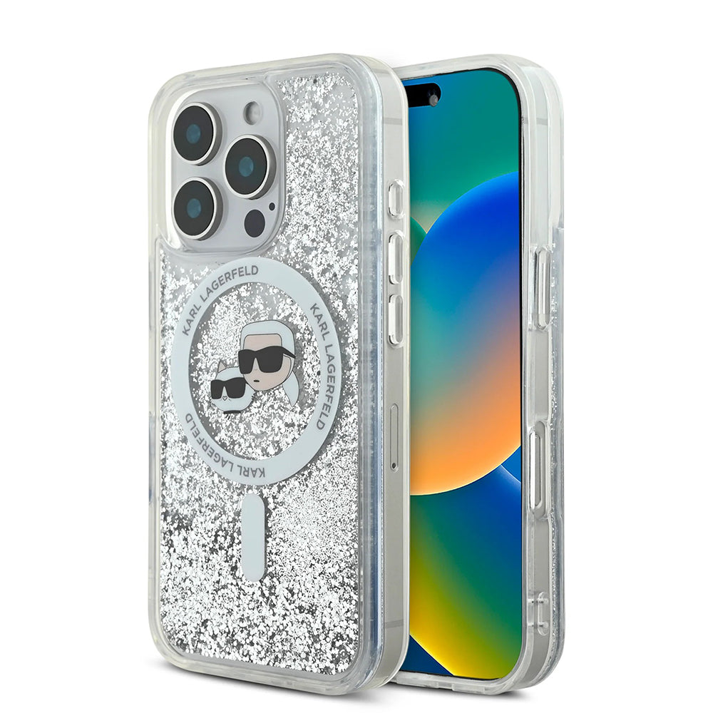 Puzdro MagSafe pre Apple iPhone 16 Pro Max, Karl Lagerfeld, Liquid Glitter Karl & Choupette's Heads, Transparentné