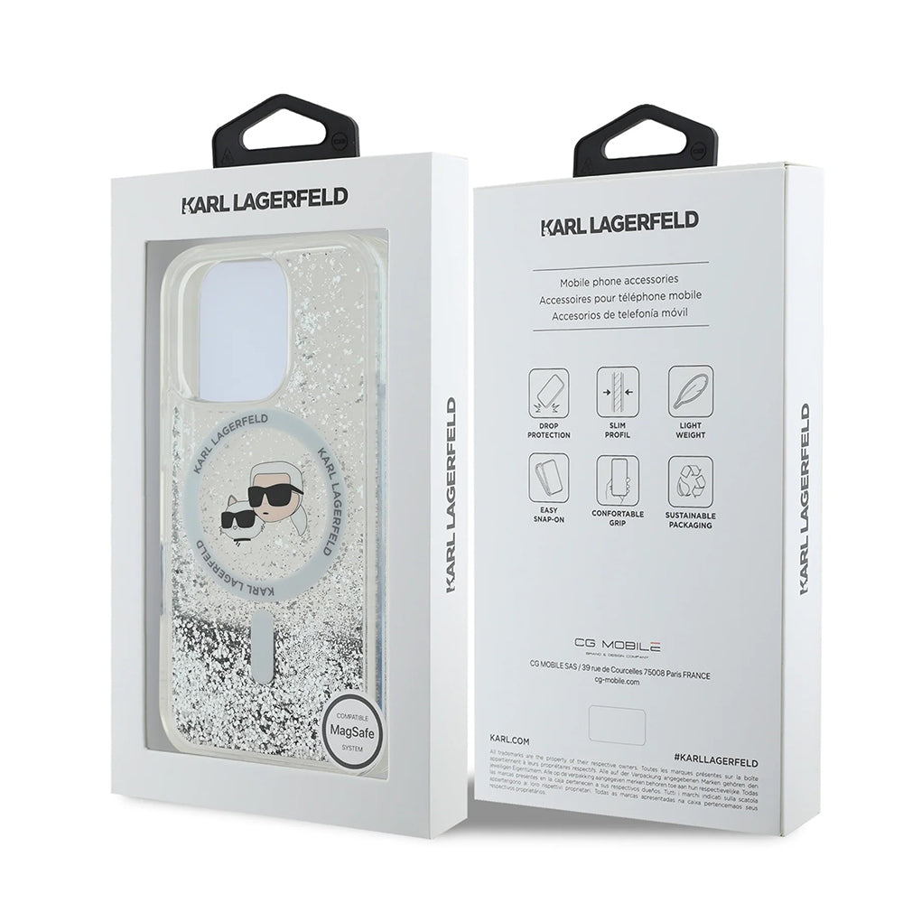 Puzdro MagSafe pre Apple iPhone 16 Pro Max, Karl Lagerfeld, Liquid Glitter Karl & Choupette's Heads, Transparentné