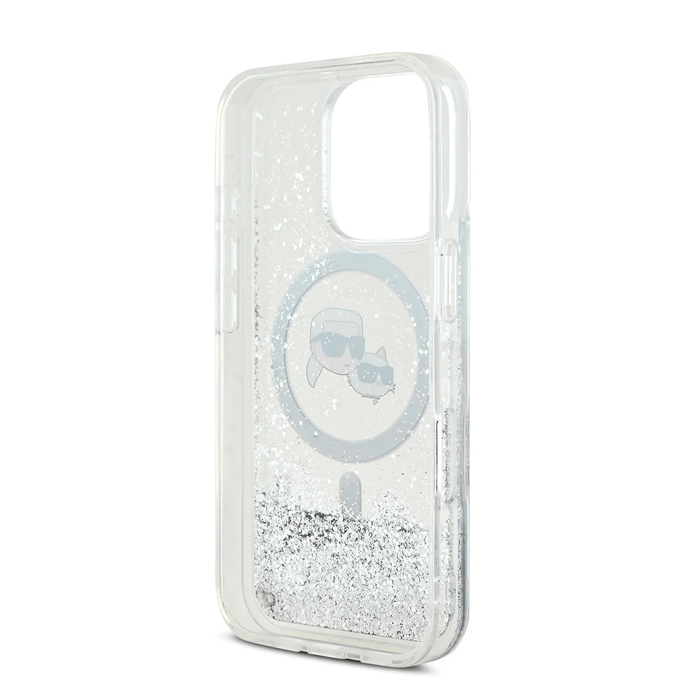 Puzdro MagSafe pre Apple iPhone 16 Pro Max, Karl Lagerfeld, Liquid Glitter Karl & Choupette's Heads, Transparentné