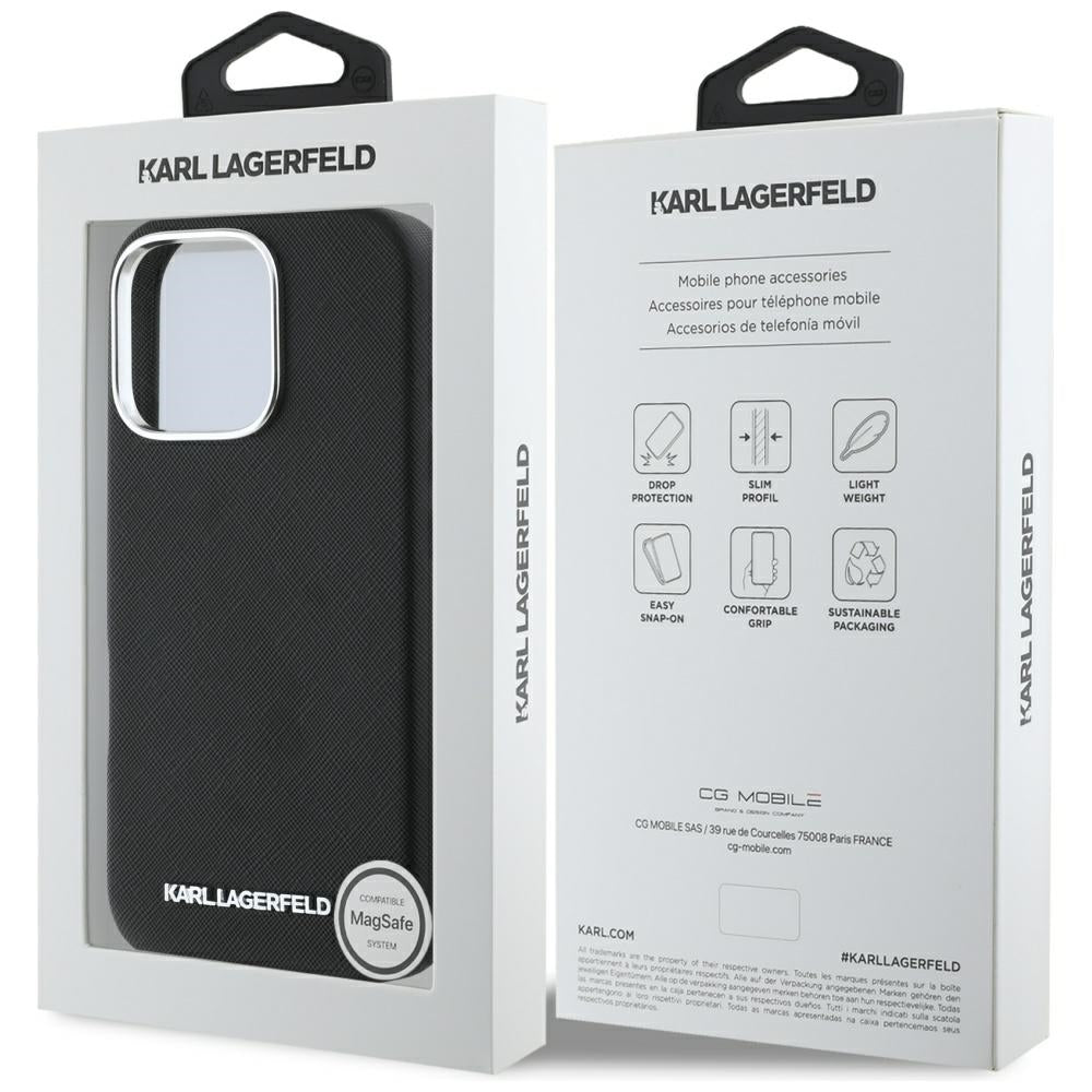 Puzdro MagSafe pre Apple iPhone 16 Pro Max, Karl Lagerfeld, Saffiano Full Wrapped Elongated Metal Logo, Čierne