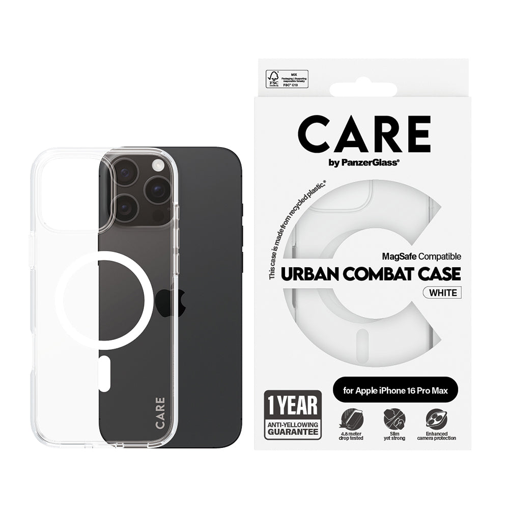 Puzdro MagSafe pre Apple iPhone 16 Pro Max, PanzerGlass, Care Urban Combat, Biela Transparentná