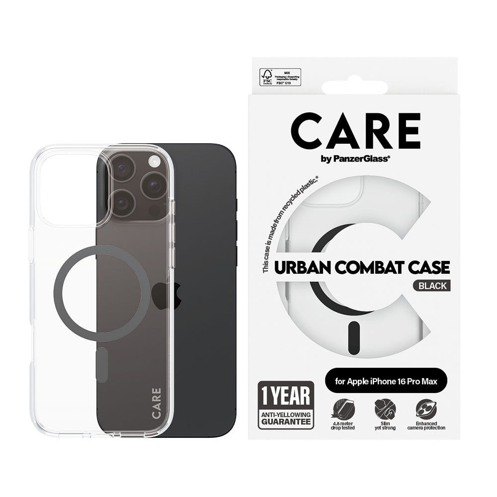 Puzdro MagSafe pre Apple iPhone 16 Pro Max, PanzerGlass, Care Urban Combat, Čierna Transparentná