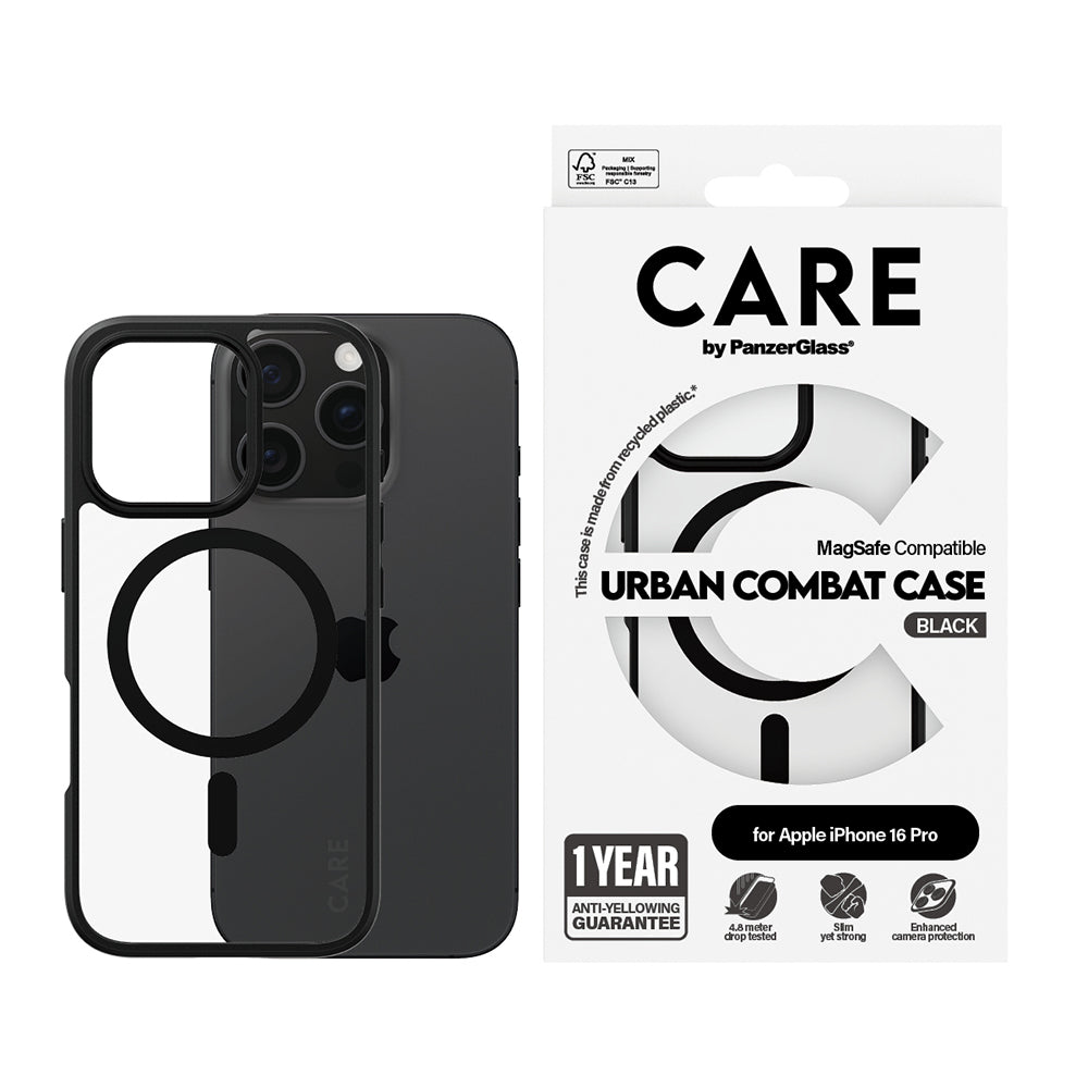 Puzdro MagSafe pre Apple iPhone 16 Pro, PanzerGlass, Care Urban Combat, Čierne Transparentné