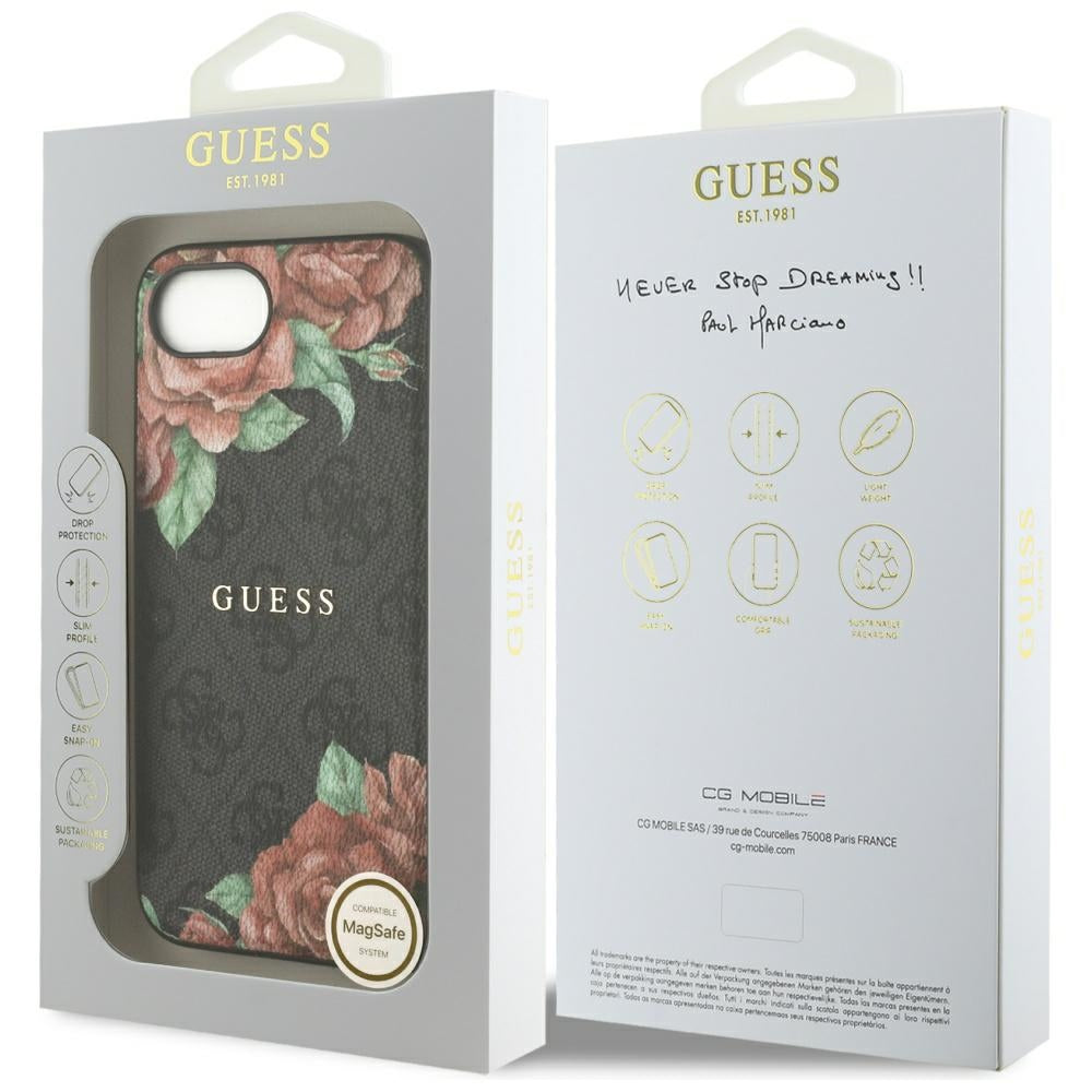 Puzdro MagSafe pre Apple iPhone 17e / 16e, Guess, 4G Flowers Print, Čierne