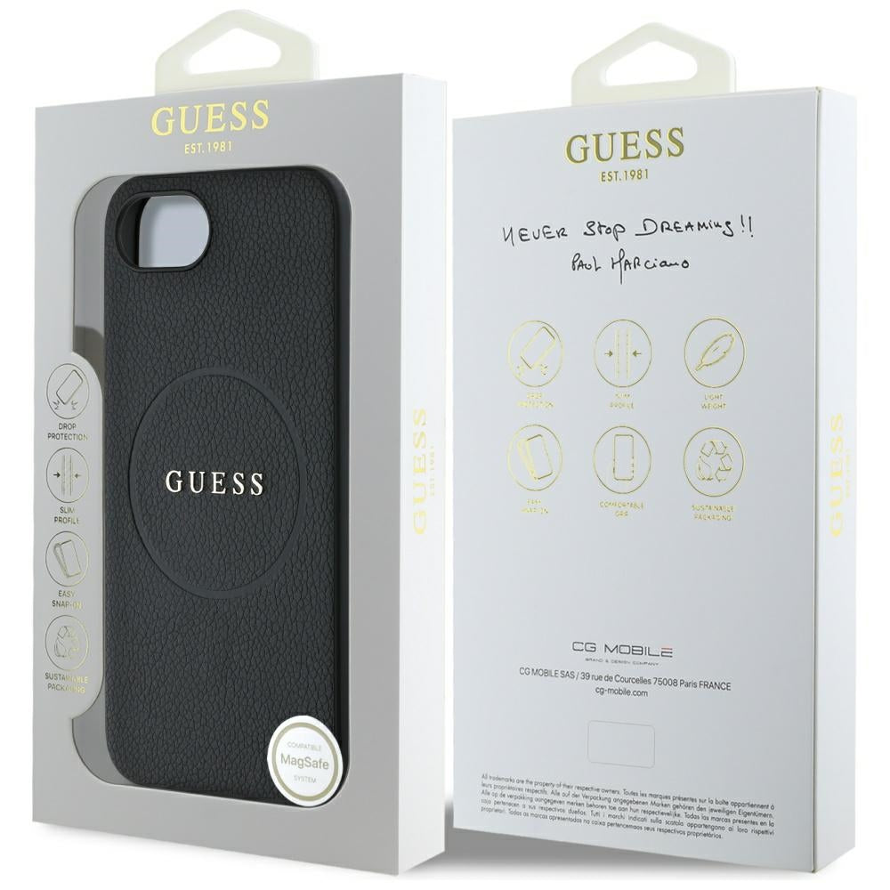 Puzdro MagSafe pre Apple iPhone 17e / 16e, Guess, Grained Gold Ring, Čierne
